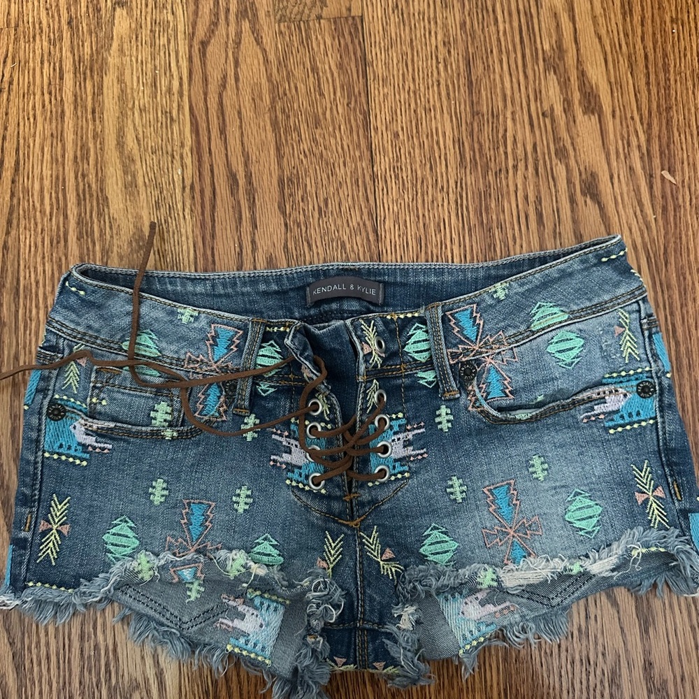 Kendall & Kylie Blue Embroidered Lace-Up Jean Shorts